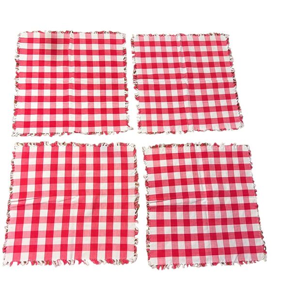 Red Gingham Napkins Set of 4 Tassel Edge Picnic Farmhouse Camping Cotton 16x16 - Picture 2 of 8